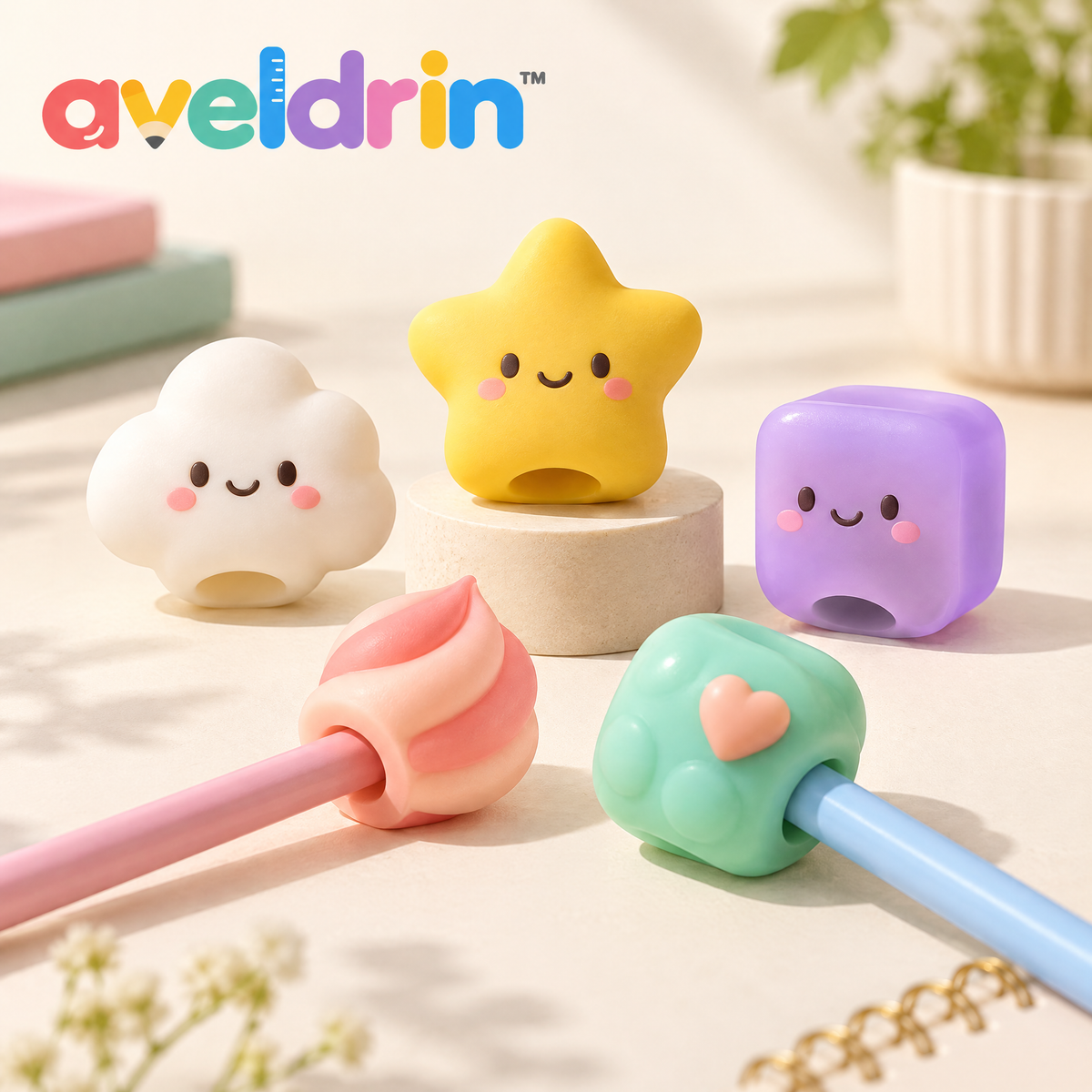 Aveldrin™ Cute Pencil Topper & Grip Set