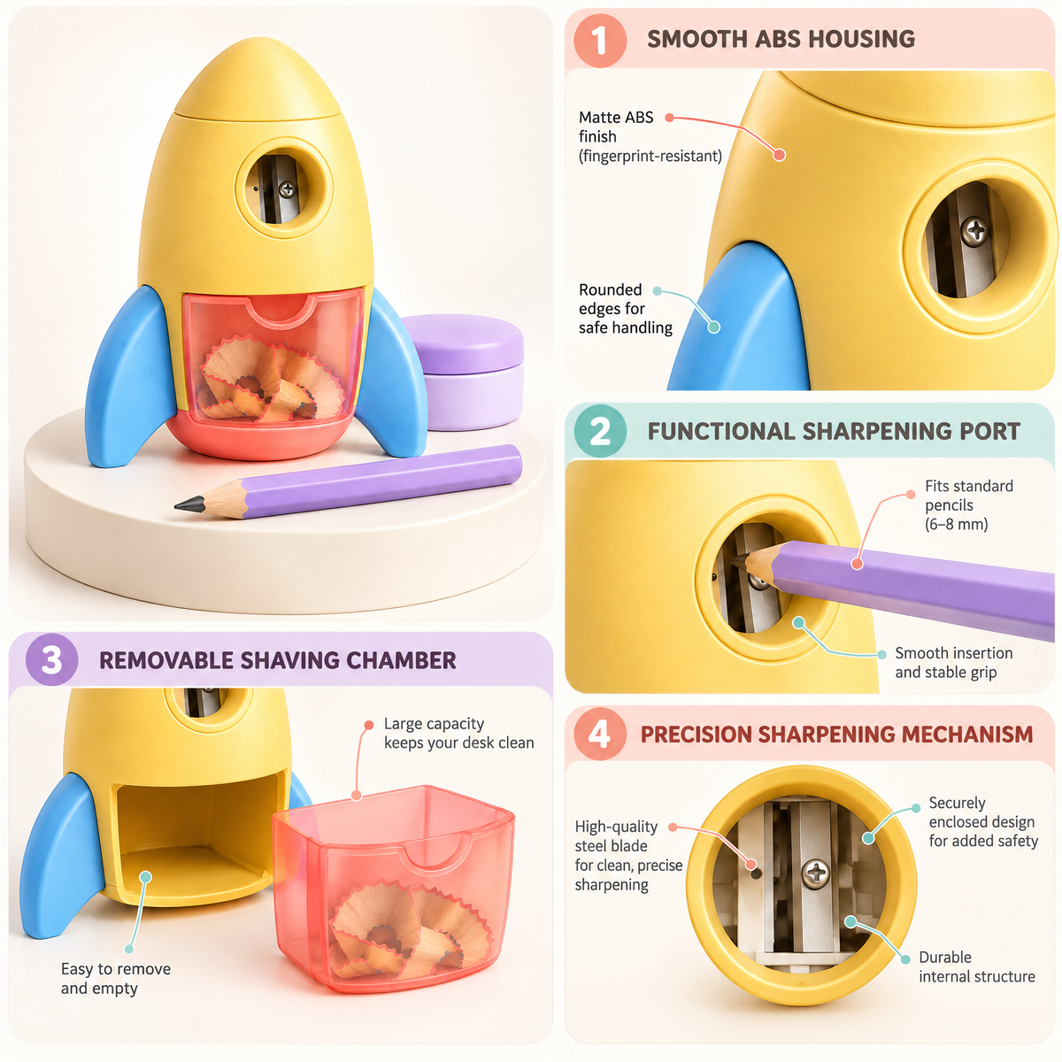 Aveldrin™ Rocket Pencil Sharpener features and details