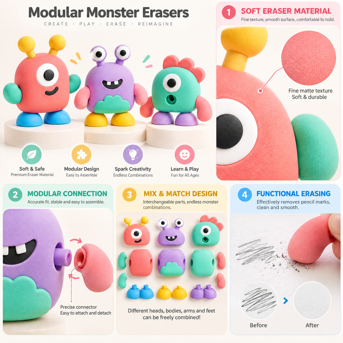 Aveldrin™ Build-Your-Own Monster Eraser Set